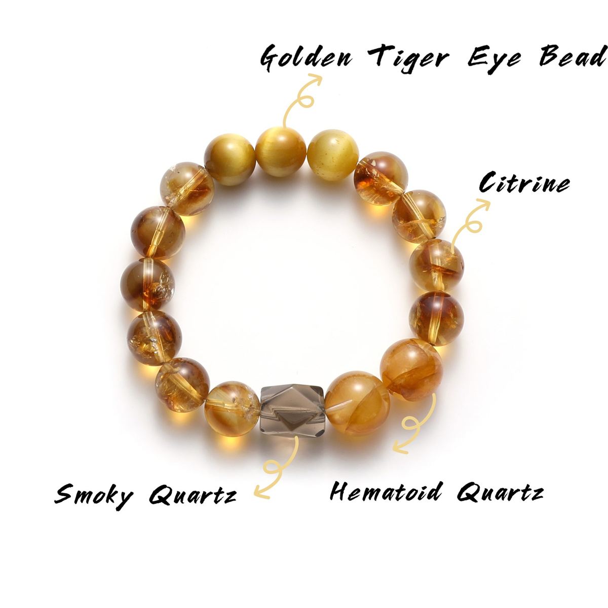 Golden Tiger’s Eye, Yellow Hematoid & Yellow Citrine Bracelet with Free-Form Smoky Quartz — product image 3