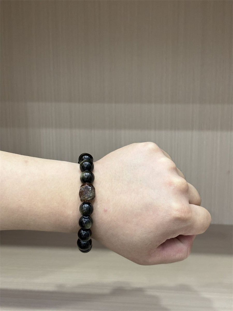 Natural Black Obsidian Bracelet with Raw Black Gold Super Seven Crystal — product image 4