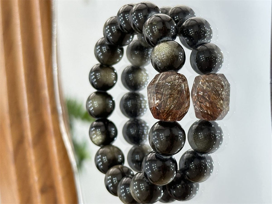 Natural Black Obsidian Bracelet with Raw Black Gold Super Seven Crystal — product image 1
