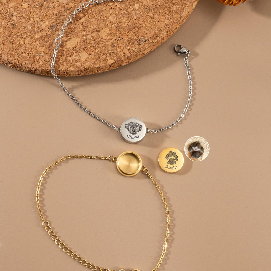 Gold and silver pet hair keepsake bracelets with custom photo and name lockets